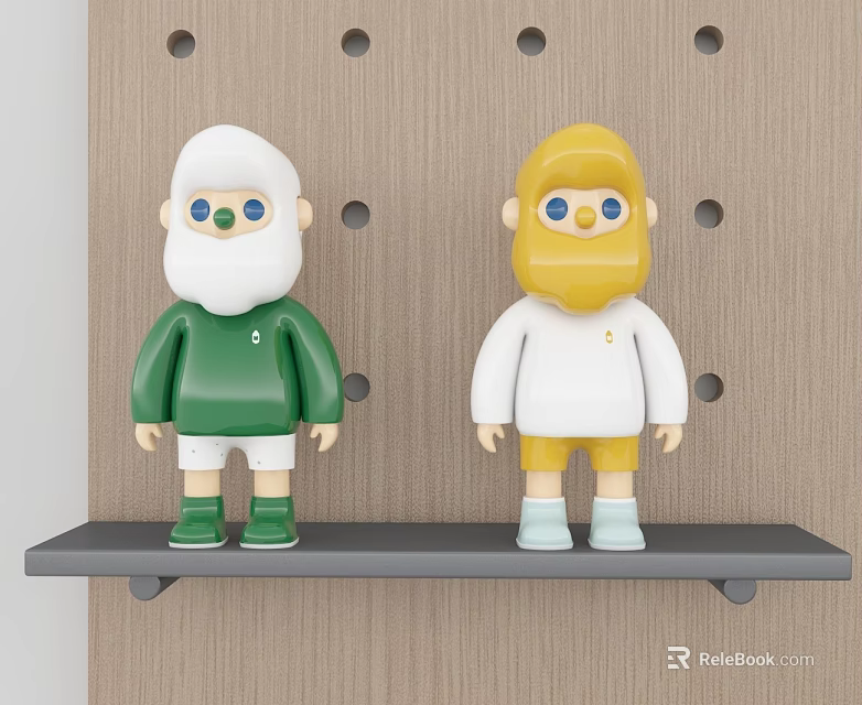 Wooden Panel Swing Door With Hole Design And Gray Shelf Decorated By Cartoon Figures 3d model 