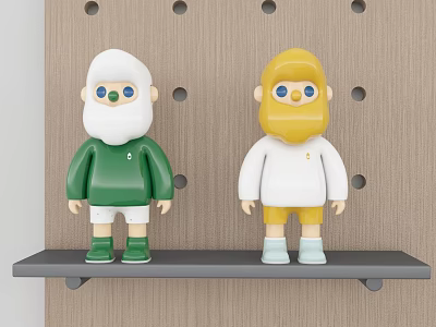 Wooden Panel Swing Door With Hole Design And Gray Shelf Decorated By Cartoon Figures 3d model