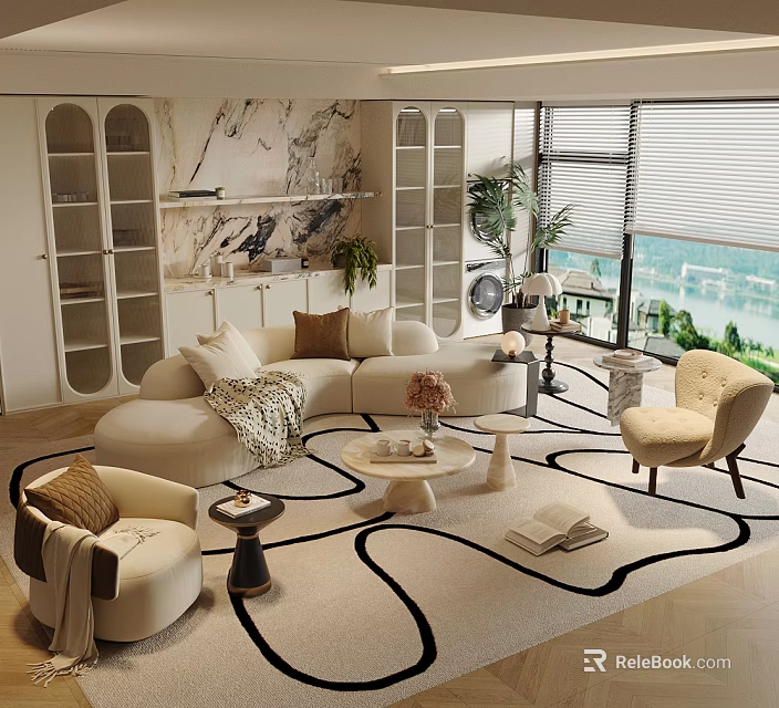 Elegant Cream Curved Sofa And Marble Coffee Table Set For Bright Comfortable Modern Living Room 3d model 
