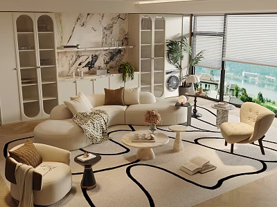 Elegant Cream Curved Sofa And Marble Coffee Table Set For Bright Comfortable Modern Living Room 3d model