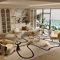 Elegant Cream Curved Sofa And Marble Coffee Table Set For Bright Comfortable Modern Living Room