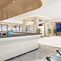 Spacious Service Hall Interior With Marble Floor Reception Desk Digital Screen And Green Plants
