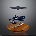 Outdoor Patio Setup With Round Table Blue Umbrella Chairs And Wooden Platform