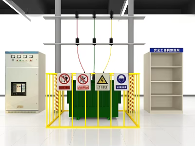 Industrial Electrical Equipment With Control Cabinet Safety Fence Warning Signs And Tool Cabinet 3d model