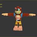 3D Rendered Game Character Brown Bear With Blue Suspenders Yellow Shorts White Badge Arms Outstretched