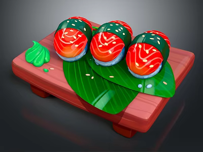 Vibrant Sushi Rolls On Red Wooden Plate With Green Wasabi And Leaf 3d model