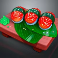 Vibrant Sushi Rolls On Red Wooden Plate With Green Wasabi And Leaf