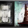 Abstract Wall Paintings Featuring Black Background White Blocks and Colorful Green Purple Brown Hues