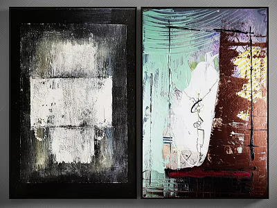 Abstract Wall Paintings Featuring Black Background White Blocks and Colorful Green Purple Brown Hues 3d model