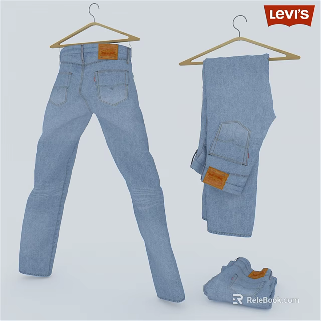 Blue Denim Jeans With Leather Patch Straight Leg And Folded Cargo Style 3d model 