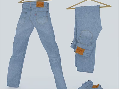 Blue Denim Jeans With Leather Patch Straight Leg And Folded Cargo Style 3d model