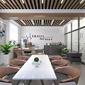 Open Modern Office With White Conference Table Brown Chairs Green Plants Large Windows And Blinds