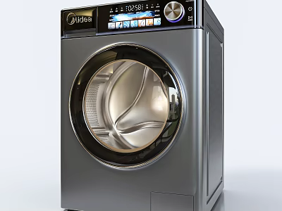 Silver Midea Front Loading Washing Machine With Digital Display And Control Panel 3d model