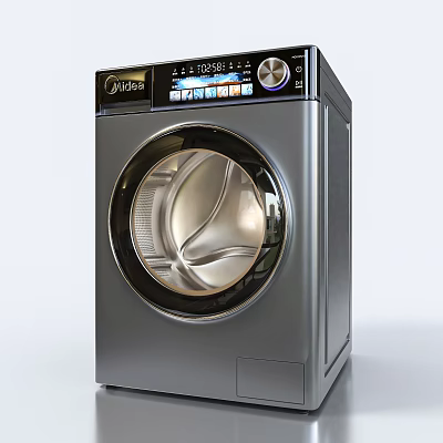 Silver Midea Front Loading Washing Machine With Digital Display And Control Panel 3d model