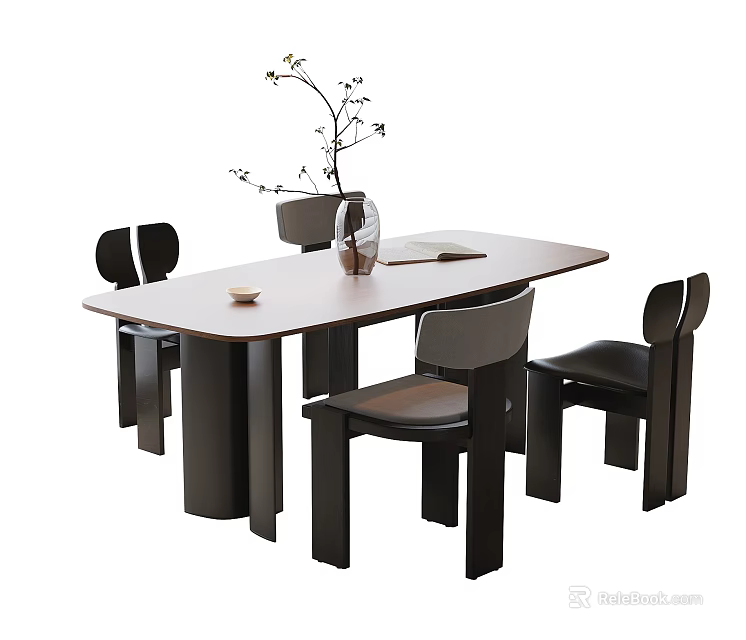 Modern Minimalist Rectangular Dining Table With Six Chairs Vase Twigs Book And Small Plate 3d model