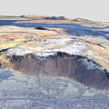 3D Terrain Model Featuring Brown Yellow Land Blue Water Areas And Linear Paths
