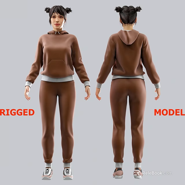 Brown Hoodie Casual Outfit Rigged 3D Model with Front and Back Views 3d model 