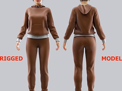 Brown Hoodie Casual Outfit Rigged 3D Model with Front and Back Views 3d model