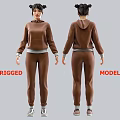 Brown Hoodie Casual Outfit Rigged 3D Model with Front and Back Views