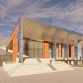 Modern Architectural Building With Glass Facade Orange Brown Exterior Open Platform And Stairs