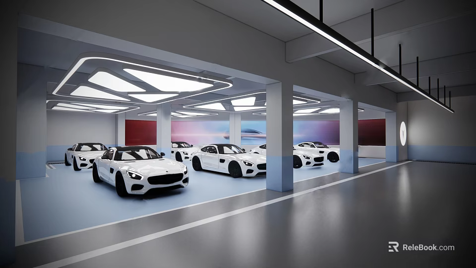 4S Store Modern Car Showroom With White Luxury Vehicles And Spacious Interior 3d model 