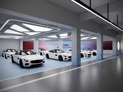 4S Store Modern Car Showroom With White Luxury Vehicles And Spacious Interior 3d model