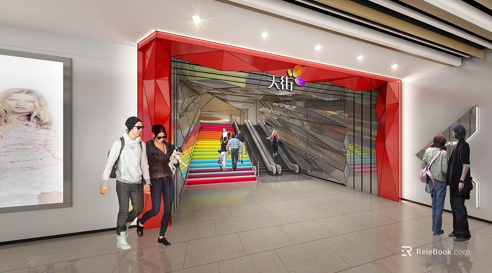 Modern Supermarket Department Store Entrance With Red Frame Colorful Stairs Escalator And Customers Walking 3d model 