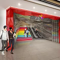Modern Supermarket Department Store Entrance With Red Frame Colorful Stairs Escalator And Customers Walking