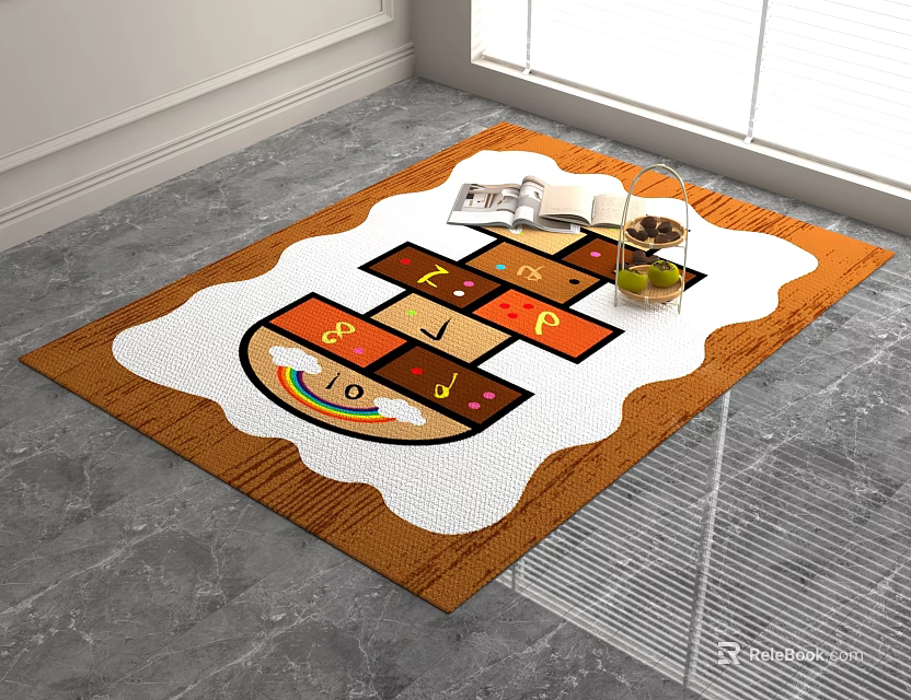 Square Carpet Featuring Colorful Puzzle Design With Magazines On Gray Floor 3d model 