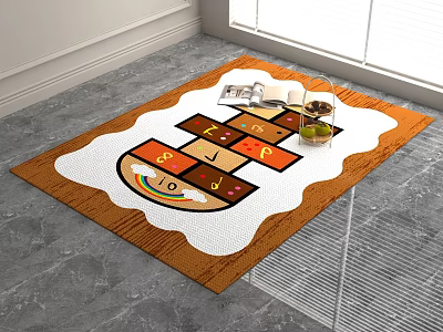 Square Carpet Featuring Colorful Puzzle Design With Magazines On Gray Floor 3d model