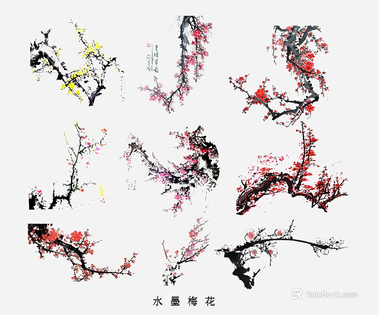 Decorative Plum Blossom Branches Wall Decor with Red Pink Yellow Flowers 3d model 
