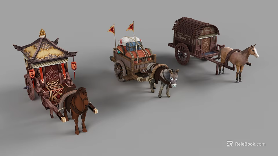 Traditional Horse Drawn Carriages with Decorative Lanterns Flags and Cargo Designs 3d model 