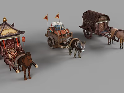 Traditional Horse Drawn Carriages with Decorative Lanterns Flags and Cargo Designs 3d model