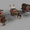 Traditional Horse Drawn Carriages with Decorative Lanterns Flags and Cargo Designs