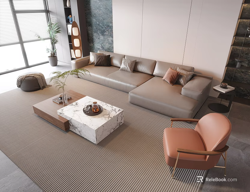 Modern Light Gray Leather Sofa and Marble Top Coffee Table Set with Accent Chair 3d model