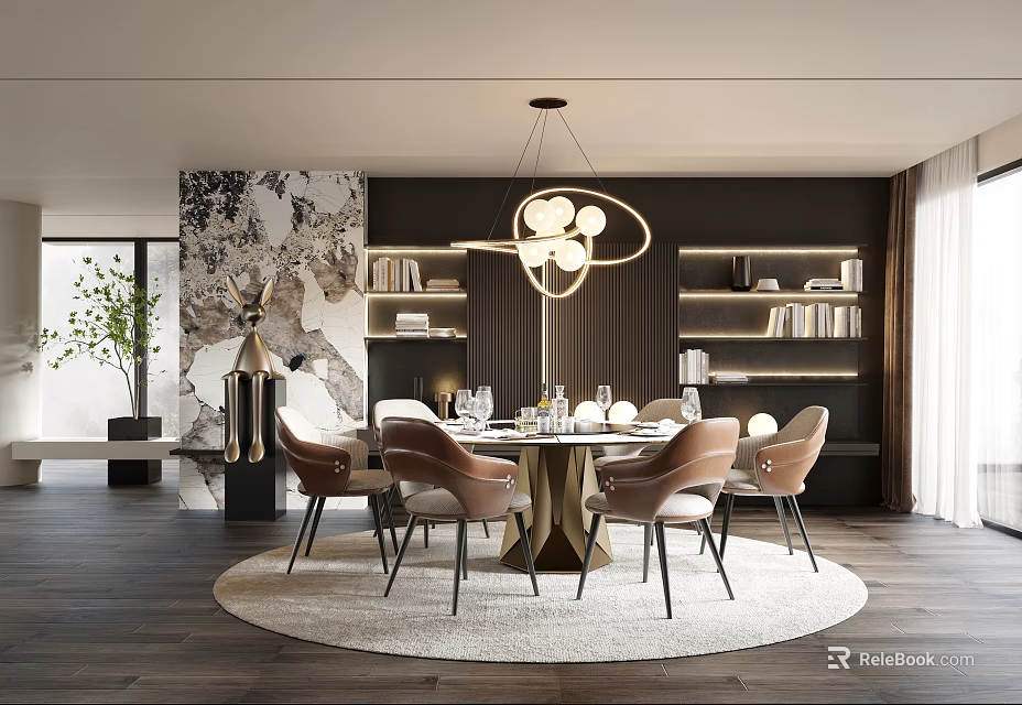 Modern Luxury Restaurant with Round Dining Table Chandelier Bookshelves Marble Wall Brown Chairs Wooden Flooring 3d model 