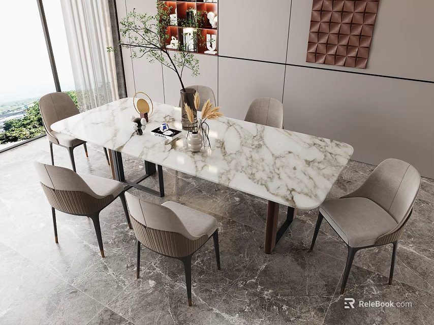 Modern Rectangular Dining Table Set With Marble Top Gray Chairs Metal Legs Decorative Wall Art 3d model 
