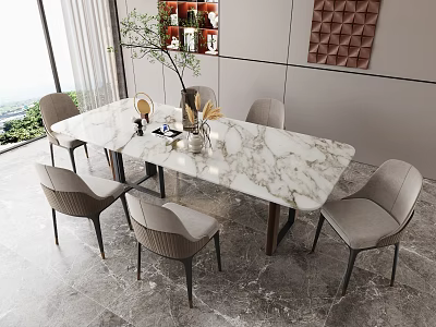 Modern Rectangular Dining Table Set With Marble Top Gray Chairs Metal Legs Decorative Wall Art 3d model
