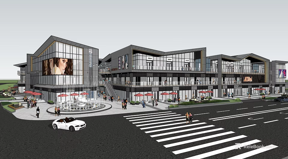 Modern Commercial Street Scene With Glass Facades Pedestrians And Outdoor Seating 3d model 