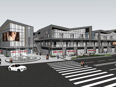 Modern Commercial Street Scene With Glass Facades Pedestrians And Outdoor Seating 3d model
