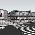 Modern Commercial Street Scene With Glass Facades Pedestrians And Outdoor Seating