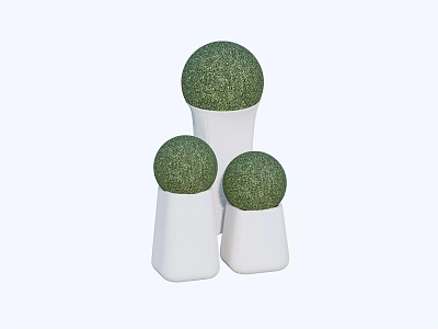 Small Garden Decor With Three White Cylindrical Bases And Green Spherical Plants 3d model