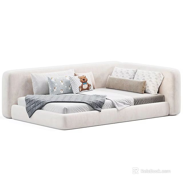 Light Colored Kids Bed with Soft Pillows Teddy Bear and Cozy Blanket 3d model 