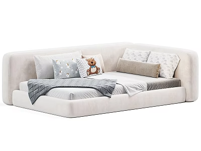 Light Colored Kids Bed with Soft Pillows Teddy Bear and Cozy Blanket 3d model