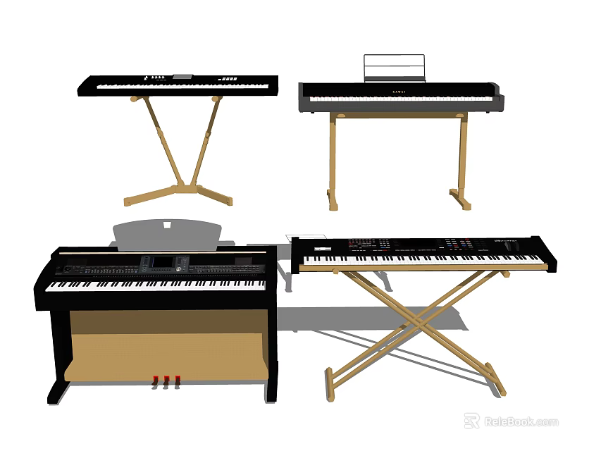 Various Electronic Keyboards And Digital Pianos With Different Stands And Designs 3d model