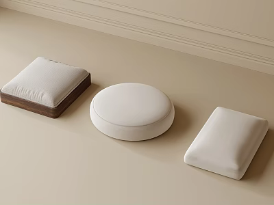 Three White Cushioned Stools in Square Round and Rectangular Shapes with Dark Wooden Base 3d model