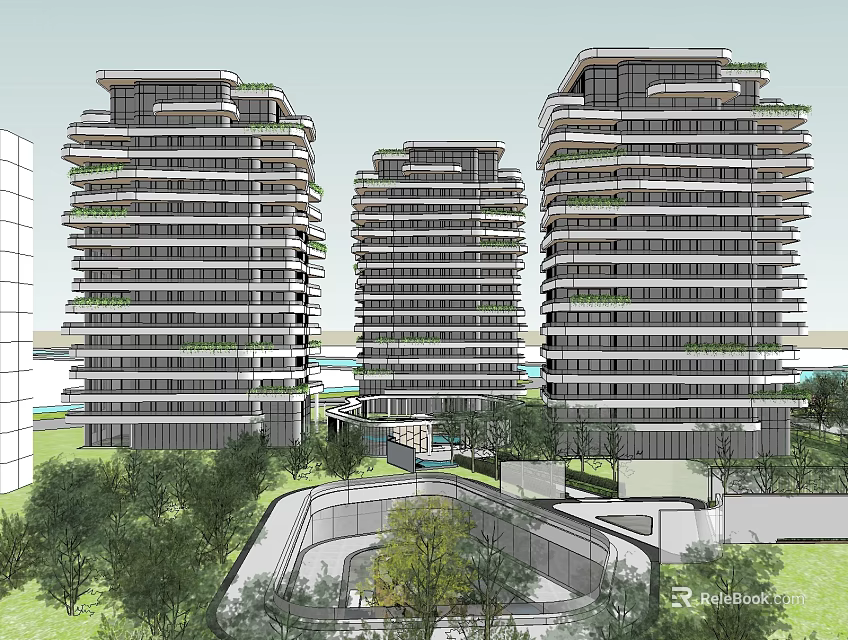 Modern High Rise Residential Buildings With Lush Greenery And Courtyard Surroundings 3d model 