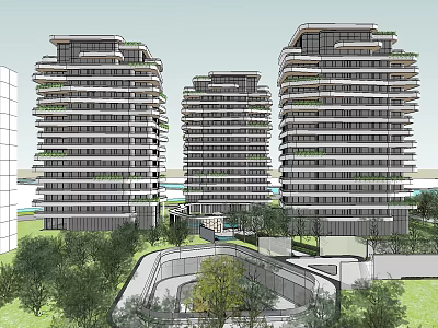 Modern High Rise Residential Buildings With Lush Greenery And Courtyard Surroundings 3d model
