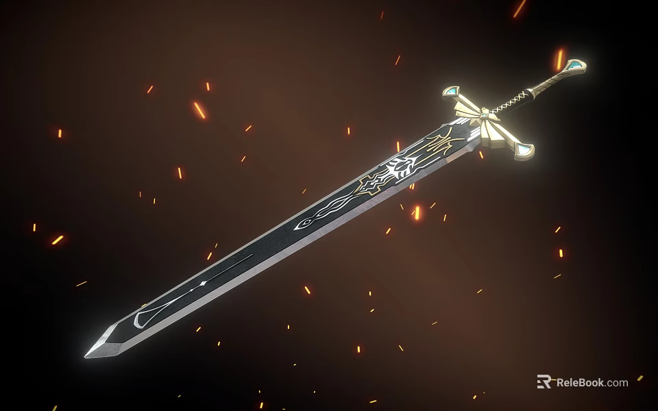 Mythical Enchanted Sword With Golden Runes And Glowing Blade On Flame Background 3d model 