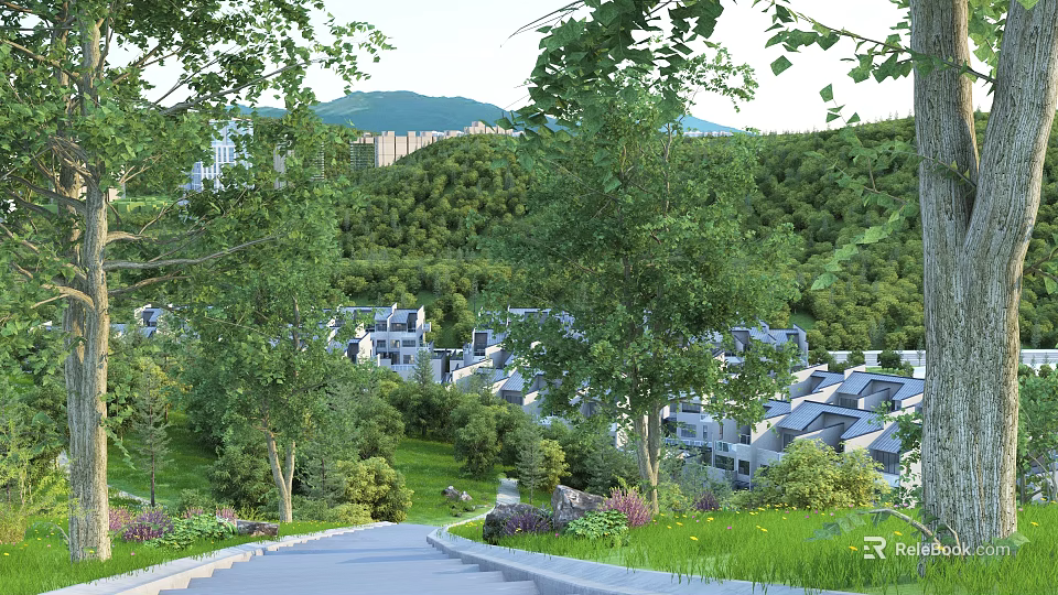 Scenic Landscape with Green Mountains Lush Trees Winding Path and Residential Houses 3d model 